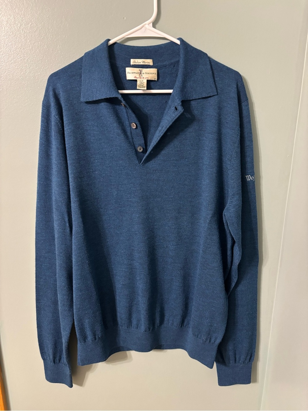 Fairway & Greene Blue V-Neck Polo Sweater L 100% Merino wool
